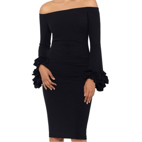 Xscape NWT Off-The-Shoulder Ruffle-Cuff Dress in Black Sz 14 MSRP $230 - Picture 2 of 5